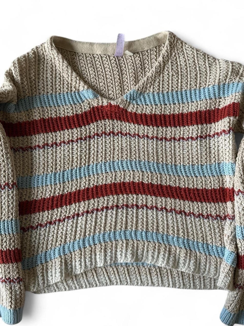 Alyx Beige V-Neck Sweater with Red & Light Blue Stripes